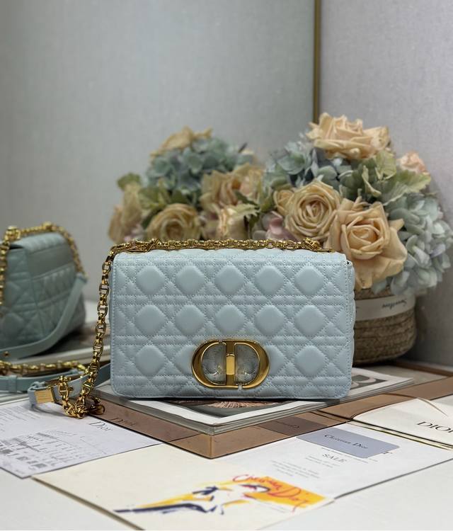 Dior Caro Small rattan check handbag medium light blue gold buckle Outer cow lea