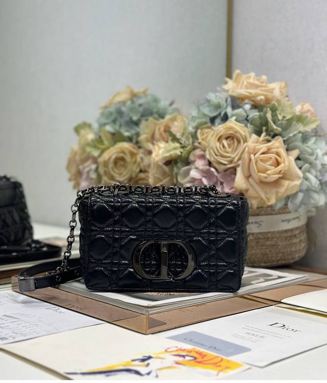 Dior Caro Small Diamond Handbag Small Pleated Black Gun Buckle Cowhide Leather R