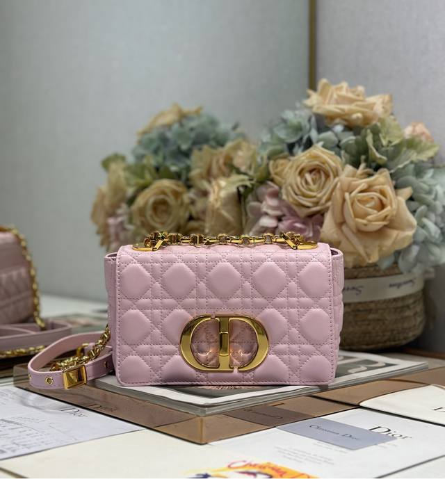 Dior Caro Small Diamond Handbag Small Light Pink Gold Buckle Cowhide leather rat
