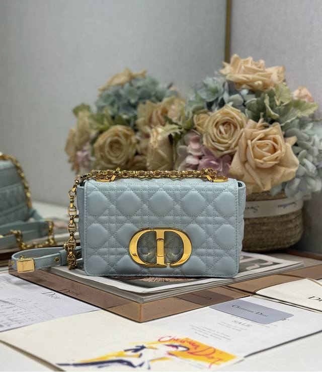 Dior Caro Small Diamond Handbag Small Light Blue Gold Buckle Cowhide leather rat