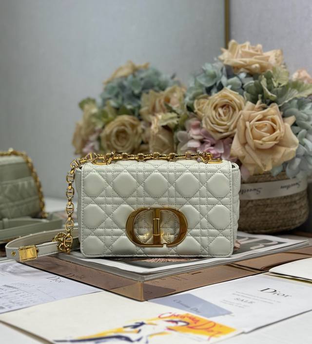 Dior Caro Small Diamond Handbag Small White Gold Buckle Cowhide leather rattan p