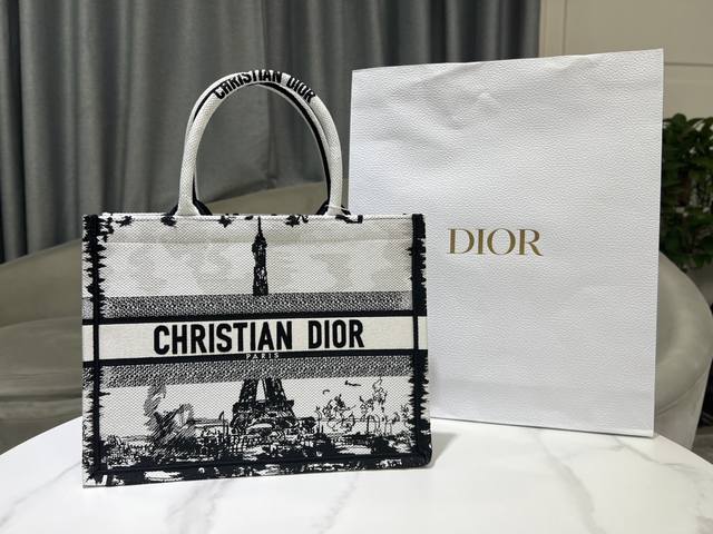 Medium Dior Book Tote Eiffel TowerWhite and black Paris embroidery36 x 27.5 x 16