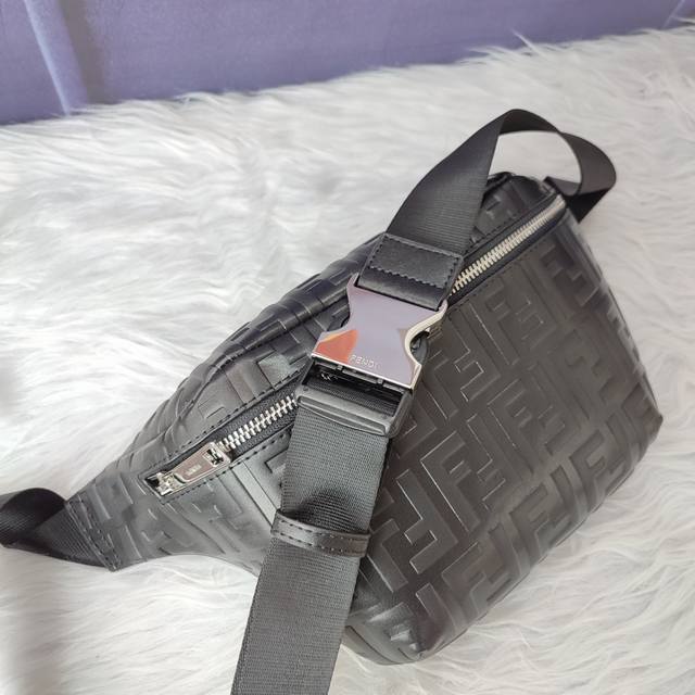 Style 7Va434 Embossed black, zipper closure waist bag, adjustable belt, decorat