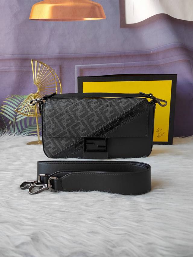 Style No. F7Va572 Baguette handbag in black leather and fabric, decorated with