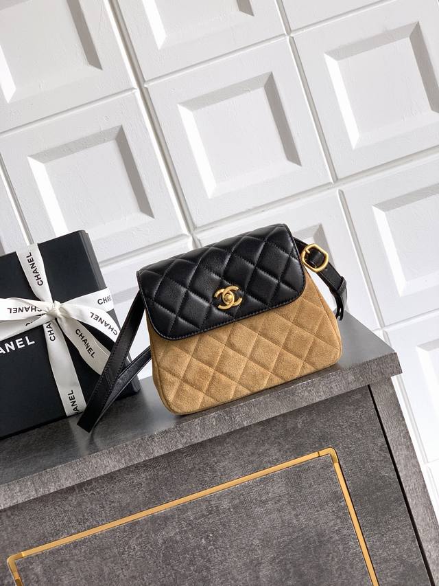 1918 Factory P goods Black with brown suede Ohanel25A high-end handmade flap bag