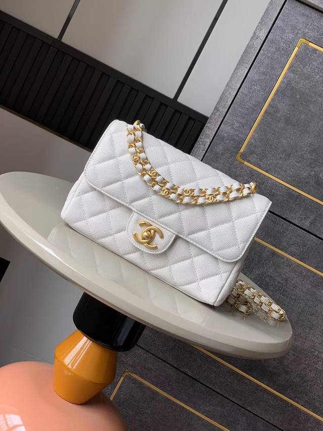 Small size white Ohanel 25P double chain caviar square fat man 2025 early spring