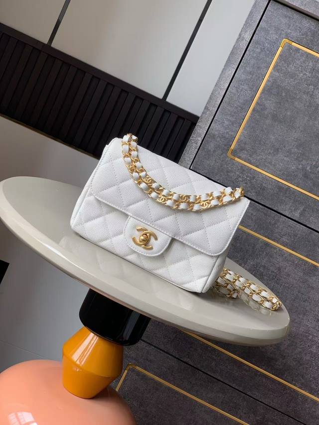Small size white Ohanel 25P double chain caviar square fat man 2025 early spring