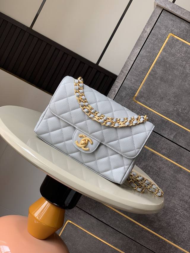 Large size light grey Ohanel 25P double chain caviar square fat man 2025 early s