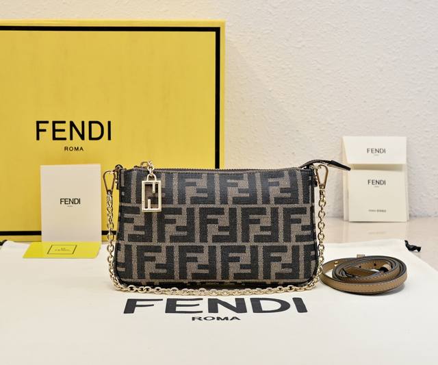 Original Fendi new Baguette brown jacquard Ff fabric clutch with detachable thi