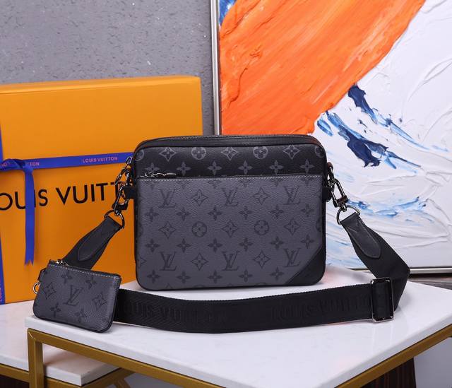 Top quality original steel hardware Trio messenger bag made of Monogram Eclipse