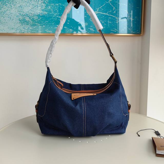 Top version original leather B-brand vintage underarm bag, denim with cowhide w