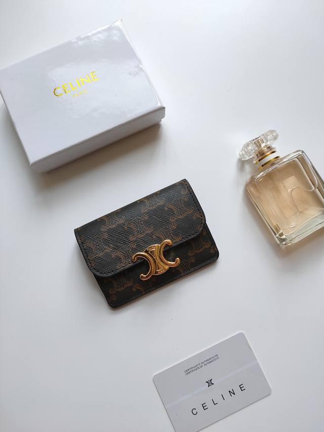 Celine latest Triomphe logo printed card holder, gold finish, snap button closur