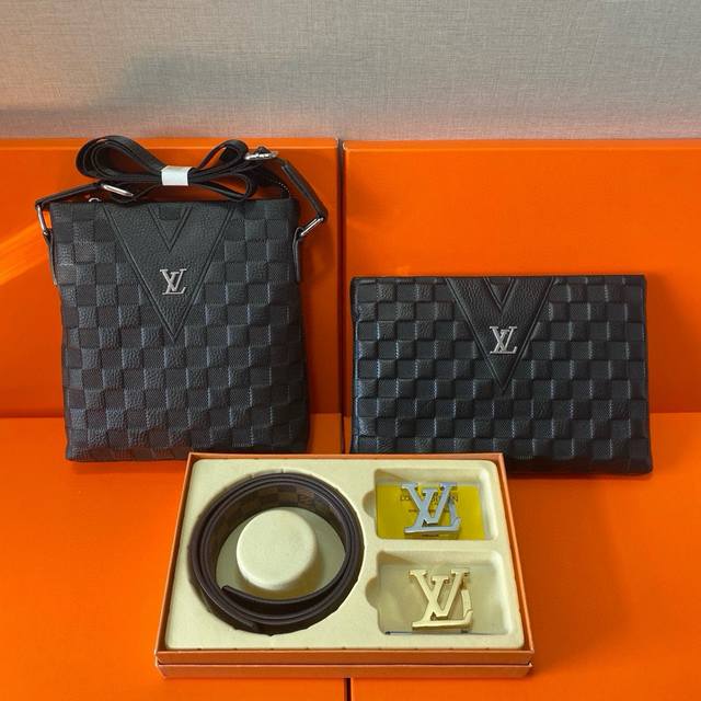 Lv Louis Vuitton First layer leather combination gift box packaging belt two bag