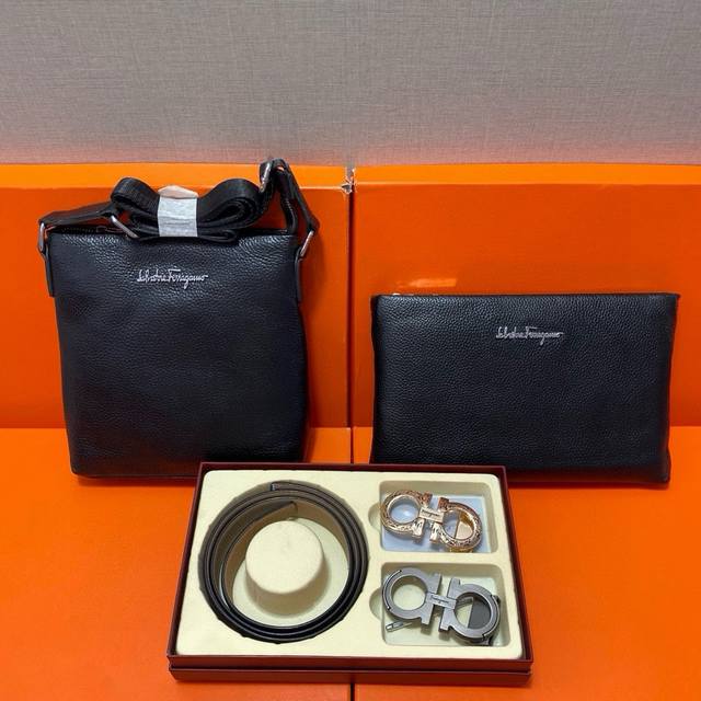 Ferragamo First-layer leather combination gift box packaging belt two bags supe