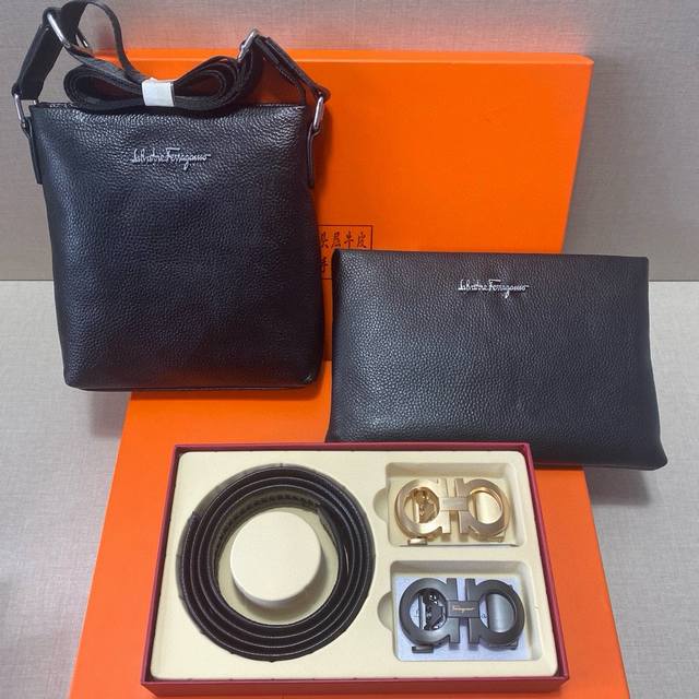 Ferragamo First-layer leather combination gift box packaging belt two bags supe