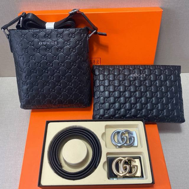 Gucci First layer leather combination gift box packaging belt + two bags super c