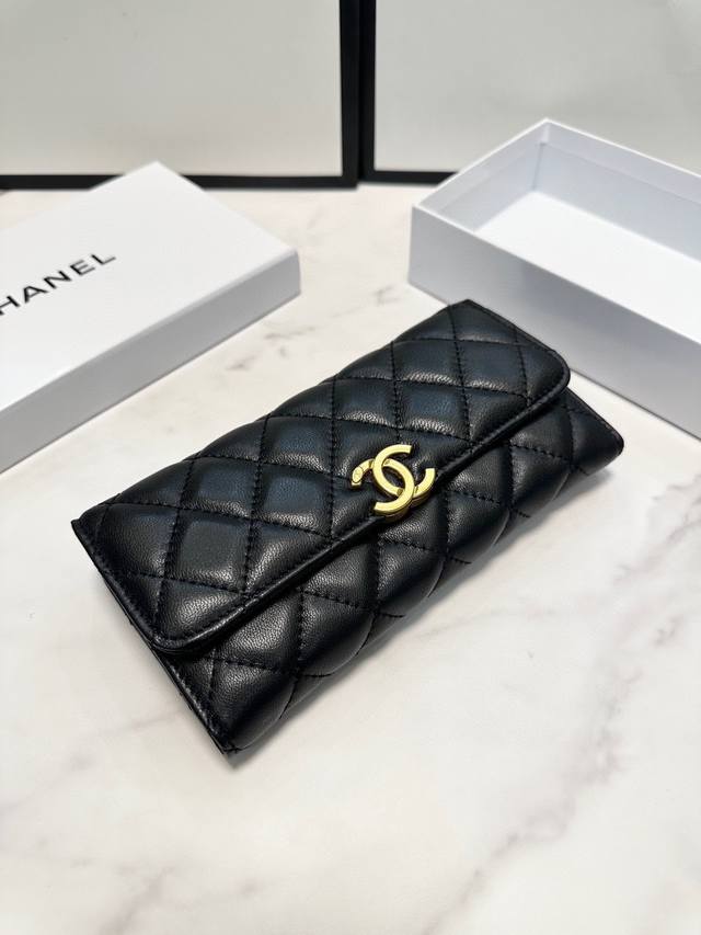 Color Black Size 19X10 Chanel popular sheepskin bi-fold wallet Classic style Fi