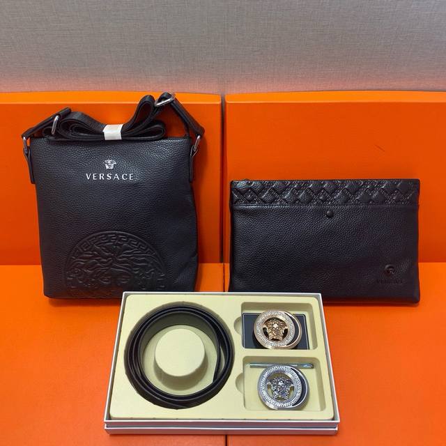Versace First layer leather combination gift box packaging belt two bags super c