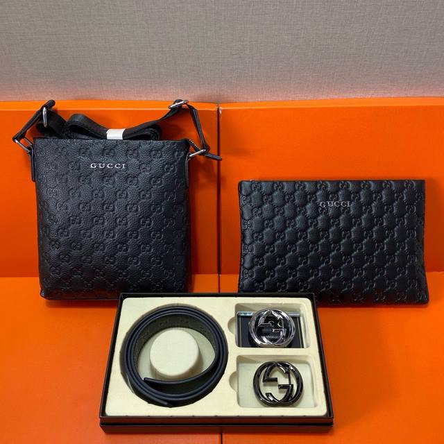 Gucci First layer leather combination gift box packaging belt two bags super com