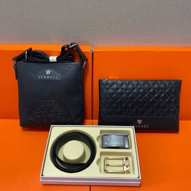 Versace First layer leather combination gift box packaging belt two bags super c