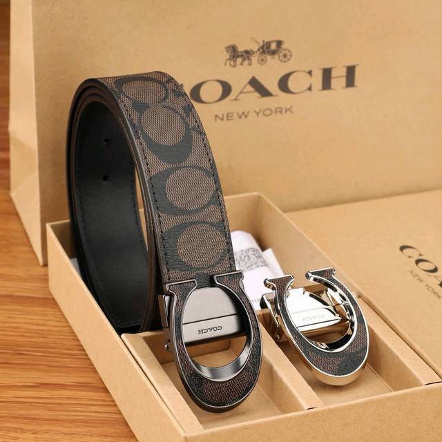 One belt, one buckle, one belt, two buckles Coach men's cowhide Coachman print w