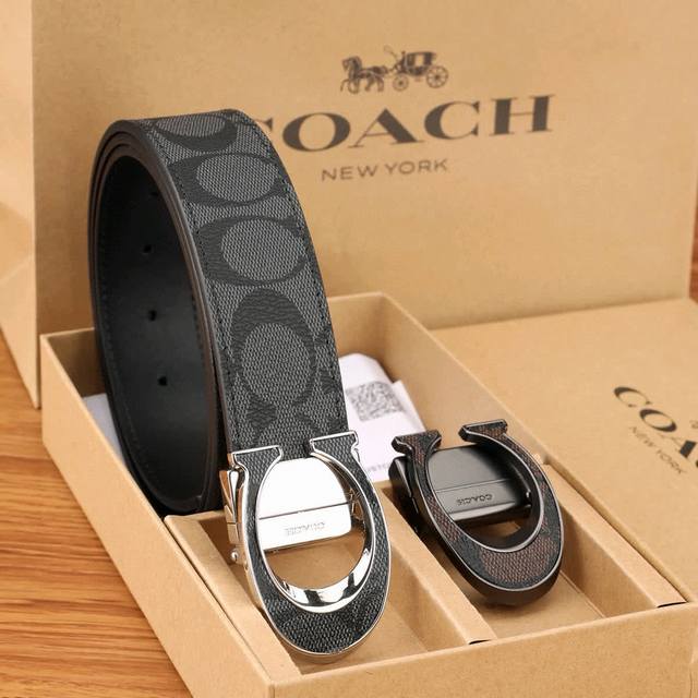 One belt, one buckle, one belt, two buckles Coach men's cowhide Coachman print w