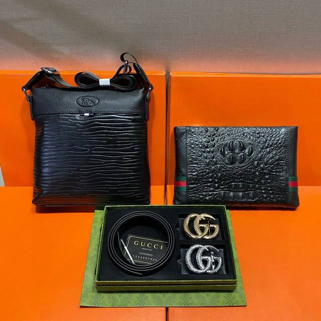 Gucci First layer leather combination gift box packaging belt two bags super com