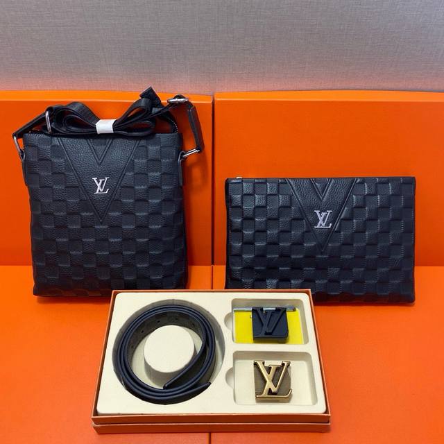 Lv Louis Vuitton First layer leather combination gift box packaging belt two bag