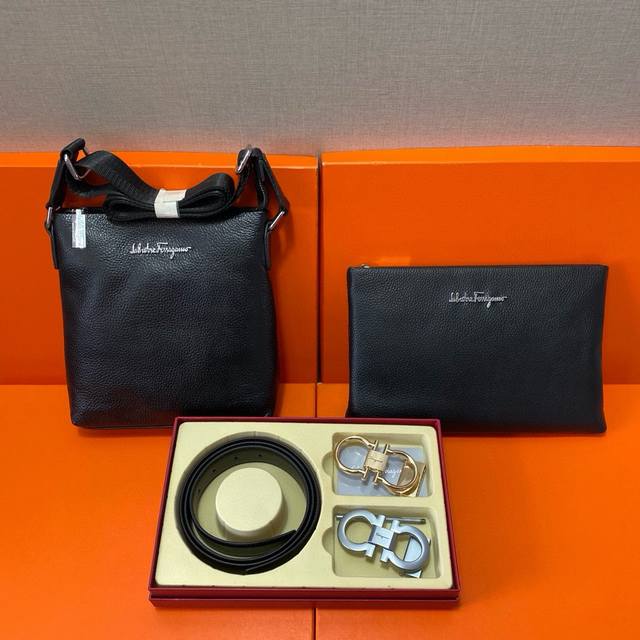 Ferragamo First-layer leather combination gift box packaging belt two bags supe