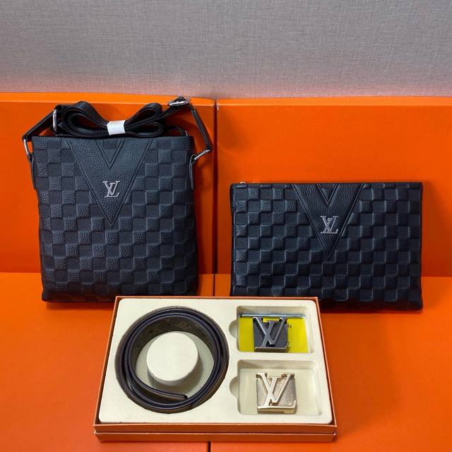 Lv Louis Vuitton First layer leather combination gift box packaging belt two bag
