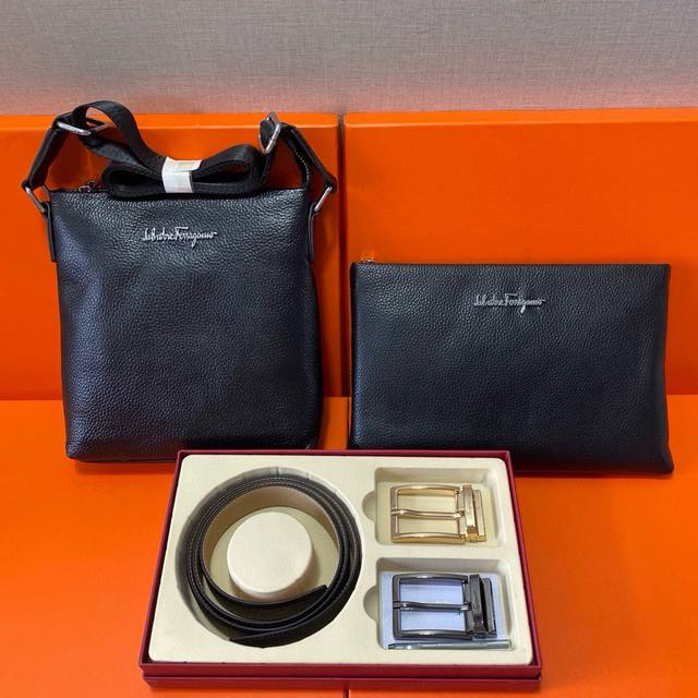 Ferragamo First-layer leather combination gift box packaging belt two bags supe