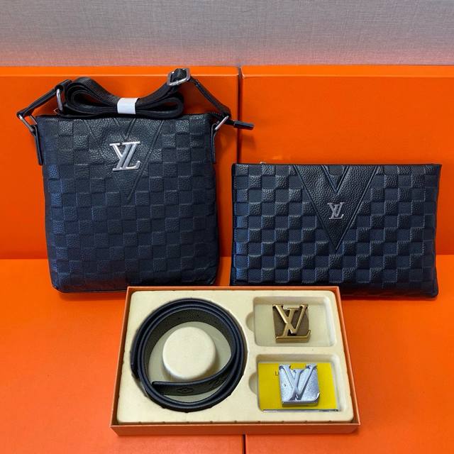 Lv Louis Vuitton First layer leather combination gift box packaging belt two bag