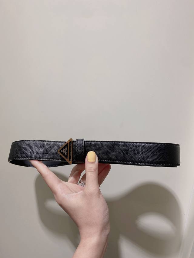 Prada Men's Saffiano Leather Belt with Triangular Metal Belt Buckle 3.5Cm DDD