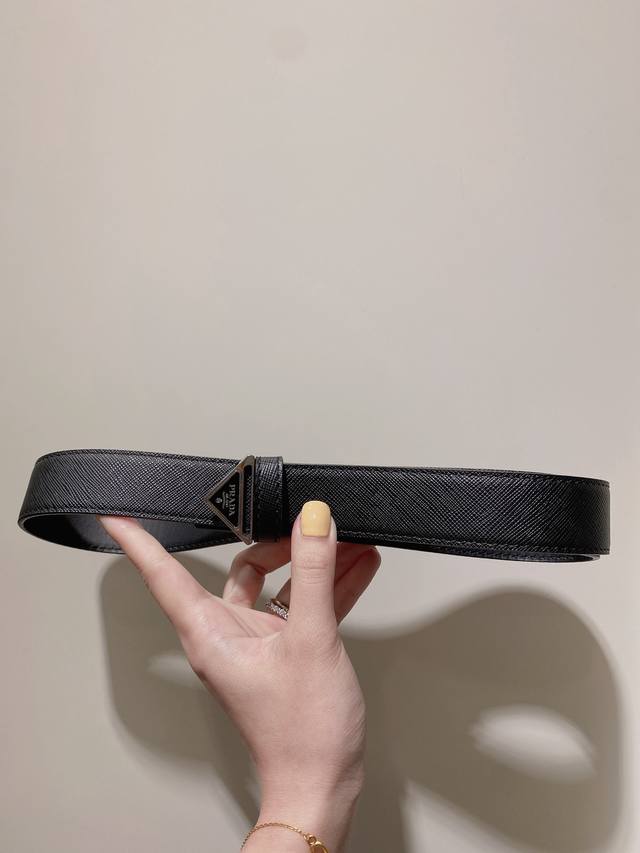 Prada Men's Saffiano Leather Belt with Triangular Metal Belt Buckle 3.5Cm DDD
