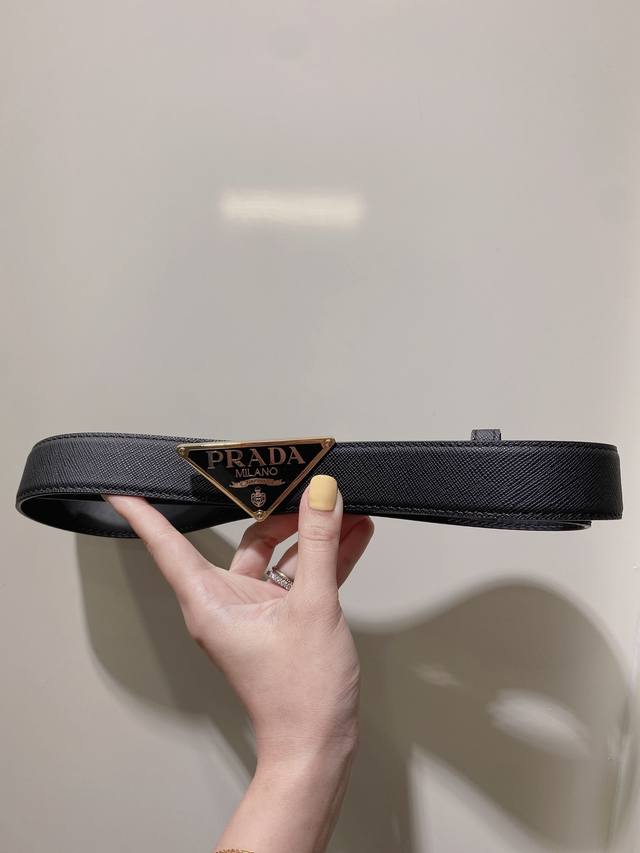 Prada Men's Saffiano Leather Belt with Triangular Metal Belt Buckle 3.5Cm DDD