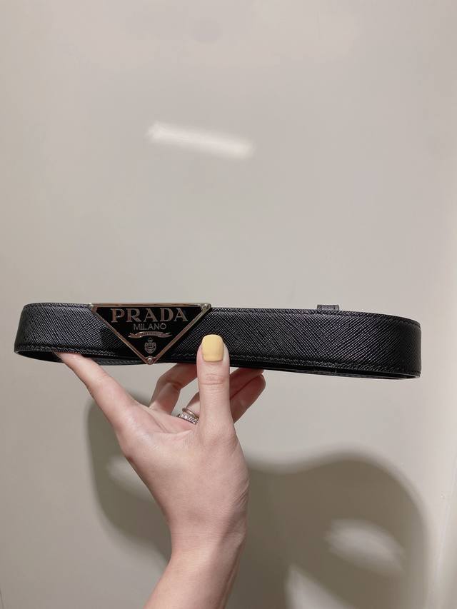 Prada Men's Saffiano Leather Belt with Triangular Metal Belt Buckle 3.5Cm DDD