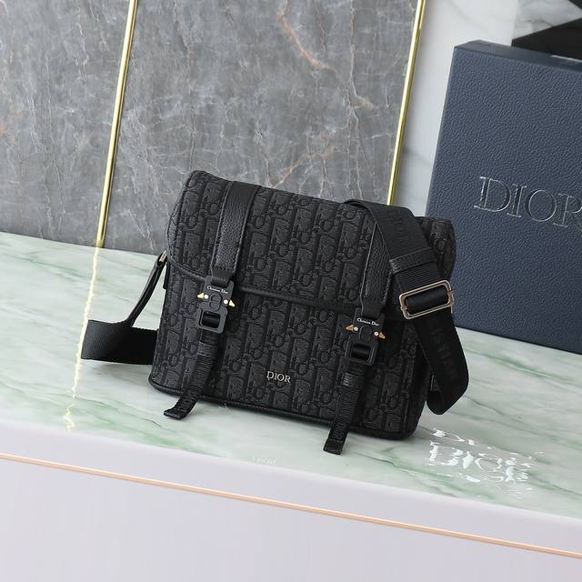 Dior Hit The Road Flap Messenger Bag Black Oblique Print Fabric and Black Graine