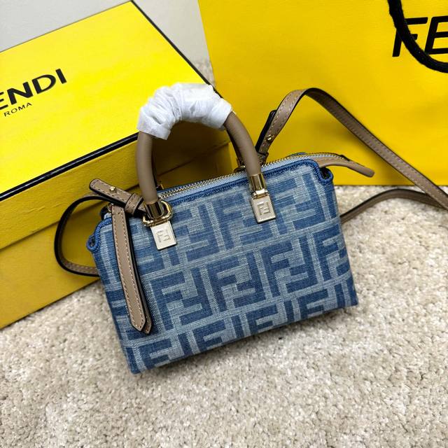 Mini By The Way Boston bag in light blue imitation denim with Ff motif. Beige l