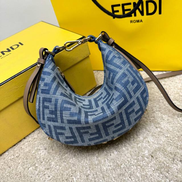 Mini Crescent Bag, made of imitation denim light blue fabric with Ff pattern. D
