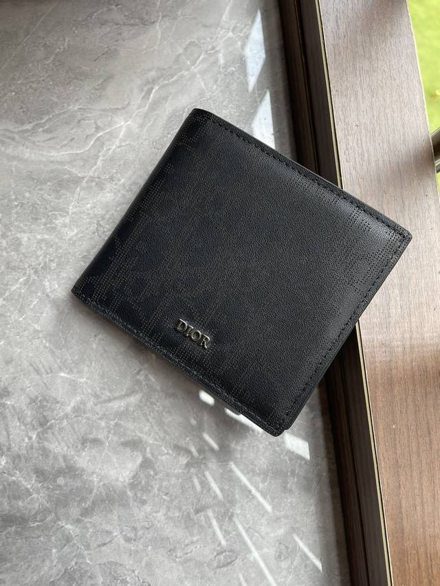 Dior Men's short wallet, black Oblique Galaxy printed leather with hollow smooth