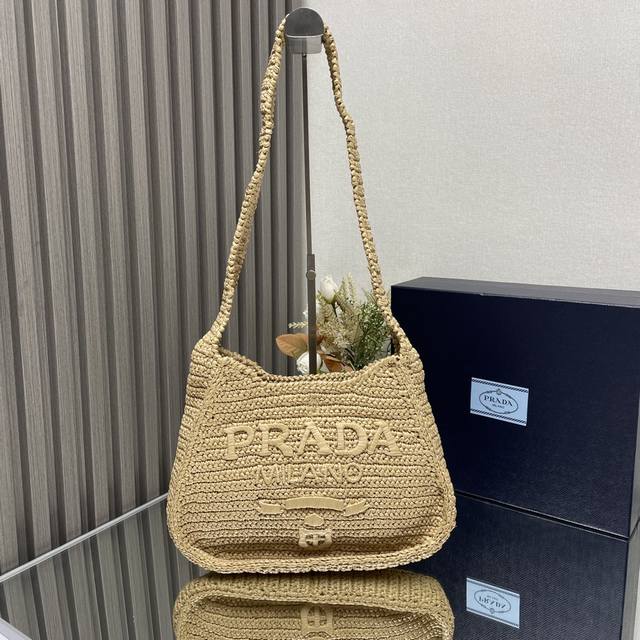 Top original Prad* New Raffia Straw Crossbody Bag! 1Bc186 Full of artistic atmo