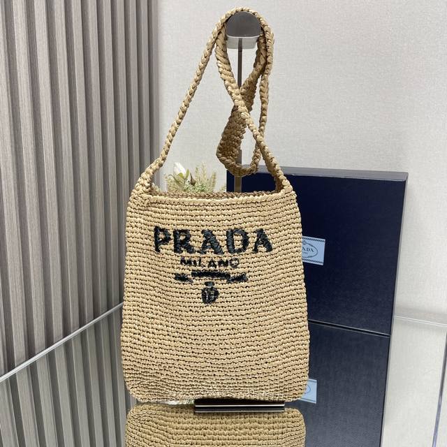 Top original Prada new raffia woven Tote crossbody bag! 1Bc184 Apricot exclusiv