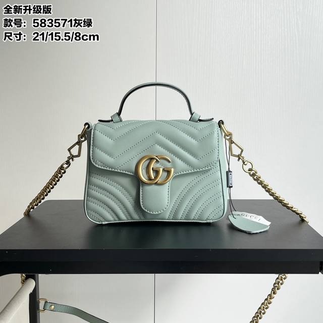 Real shot# Model number: 583571 gray green Size: 21*15.5*8Cm Gg Marmont Mini mes