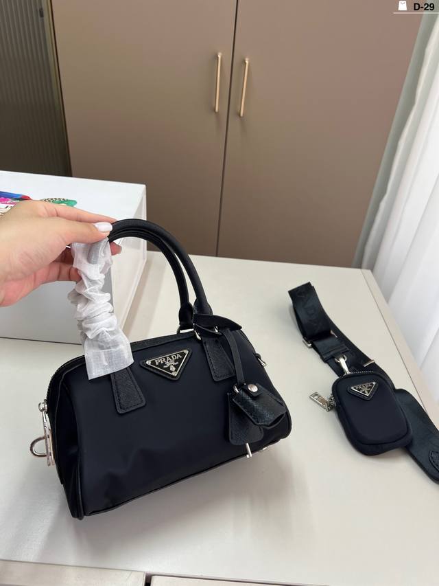 Prada Boston bag black and silver tote Soft nylon fabric texture bag with large
