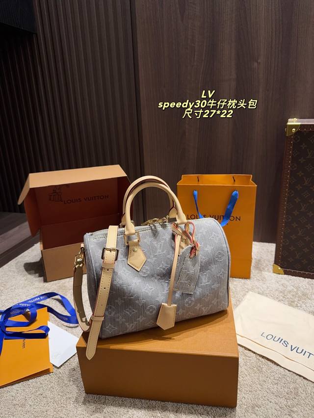 with folding box size 27.22 Lv Speedy30 denim pillow bag Retro and elegant full