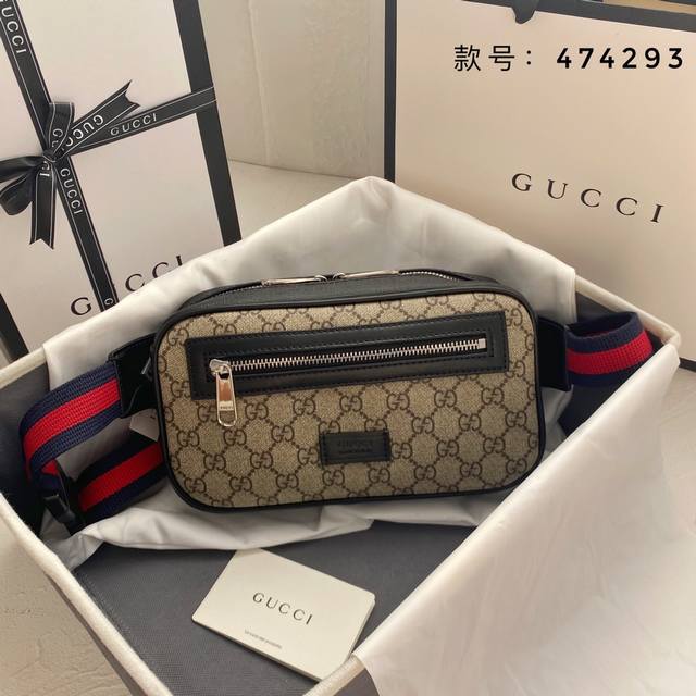 Real shot# Model number: 474293 Size: 24*14*5.5 Gucci men's waist bag, made with