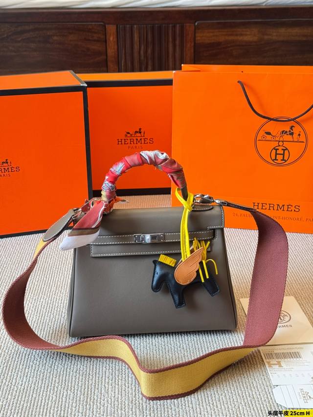 First layer cowhide Hermes Kelly25Cm color matching Hms high-end wave with packa