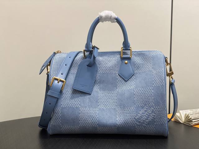 Factory Price P Top Original N00203 Blue Plaid Denim Speedy Pillow Bag. The Spee
