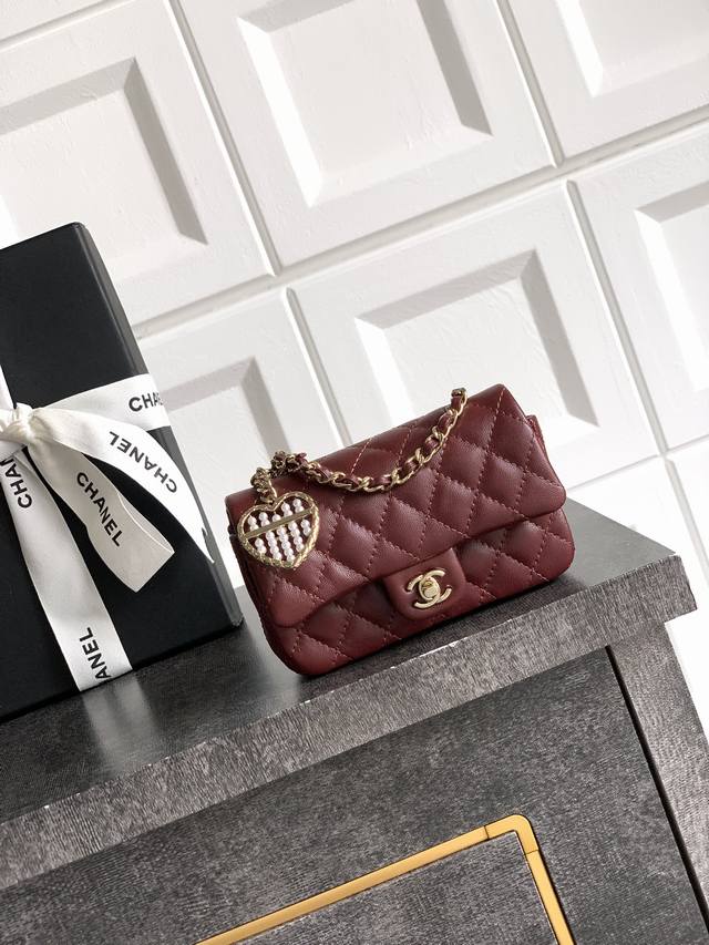 Burgundy Ohanel 25A Mini Heart Pearl Cf Pendant Small Leather Goods. Burgundy ch