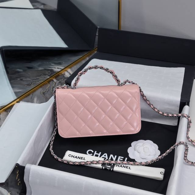 Chanel 23K black and silver cowhide handle accordion bag. The cowhide handle is